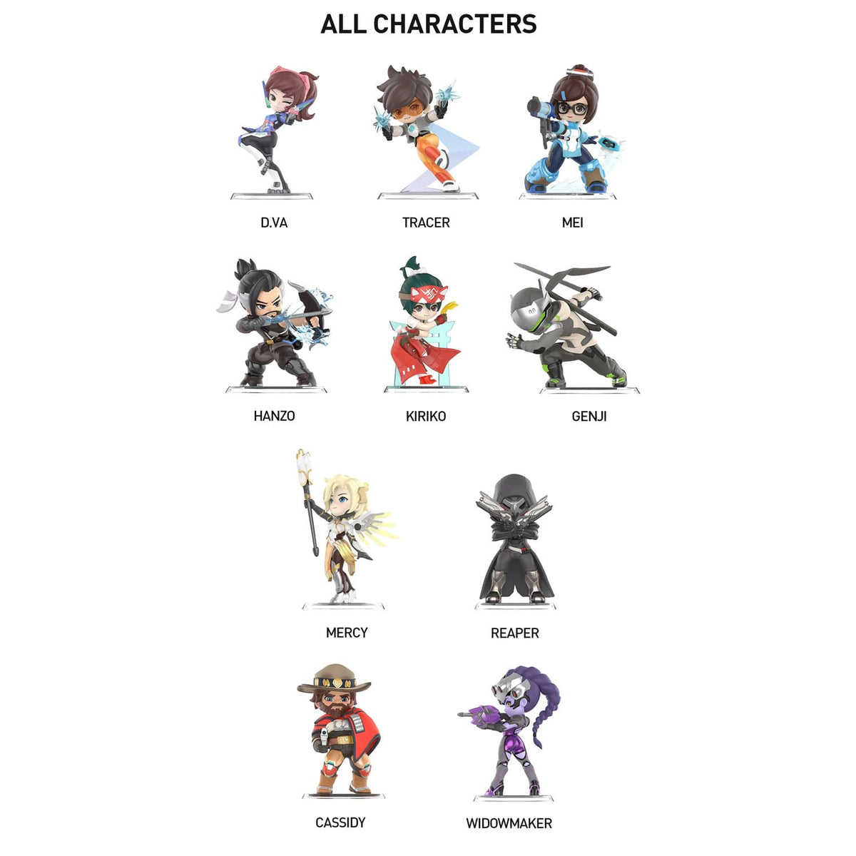 Die Blind-Box-Pop-Mart-Overwatch-Play-of-the-Game-Series-Figuren als Übersicht mit allen Charakteren zusammen.