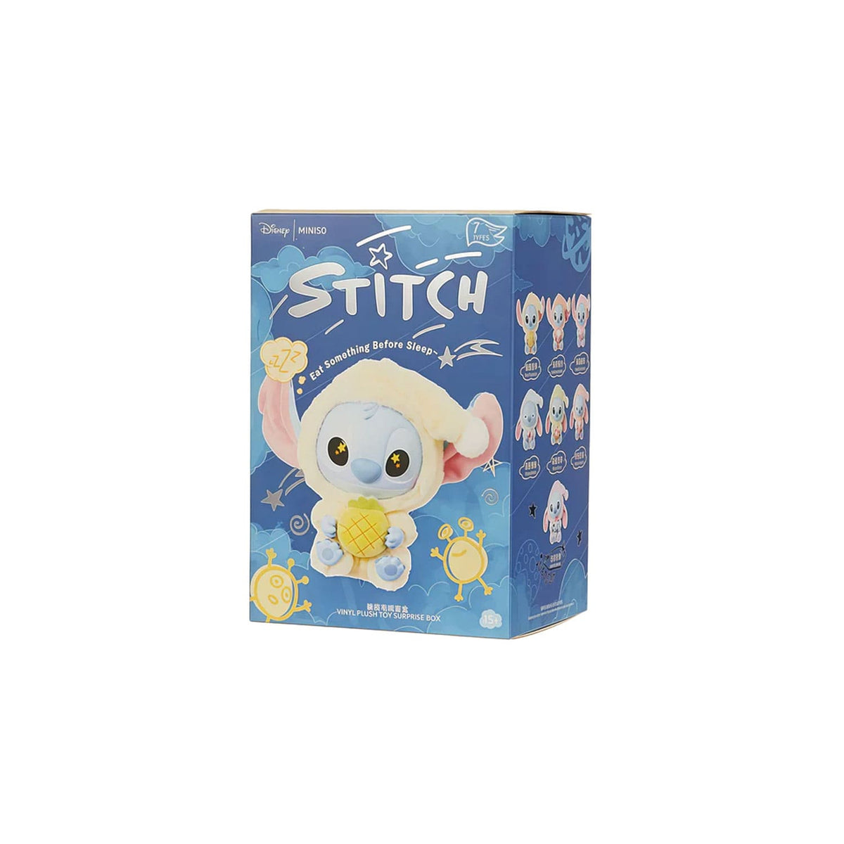 Disney x Miniso Collaboration Stitch Eat Something Before Sleep Series Vinyl Plush mit Aufhängeschlaufe, aus PVC.