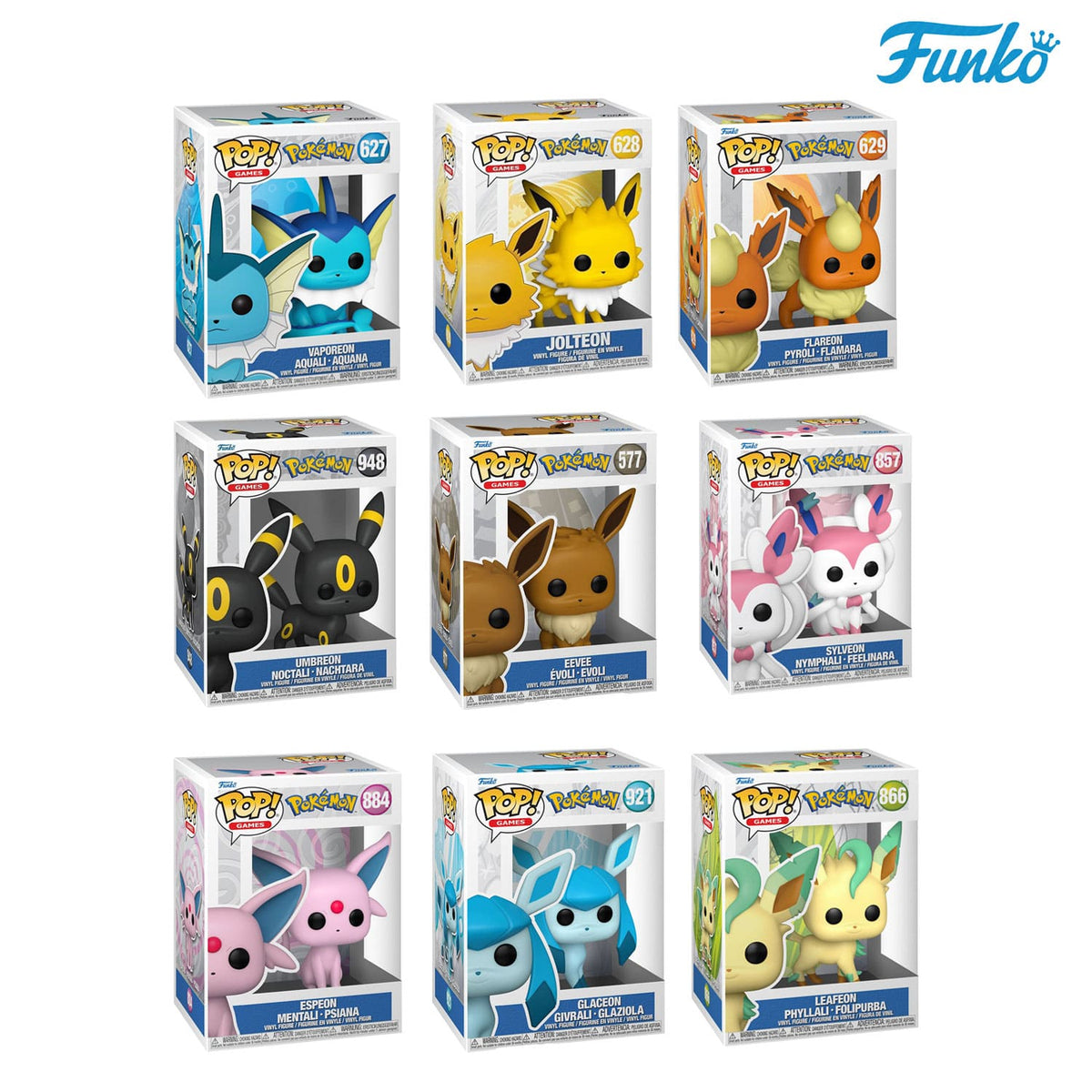 Die Pokémon Funko POP! Games Vynil Figuren mit Evoli, Nachtara, Feelinara, Aquana, Blitza, Flamara, Psiana, Glaziola und Folipurba.