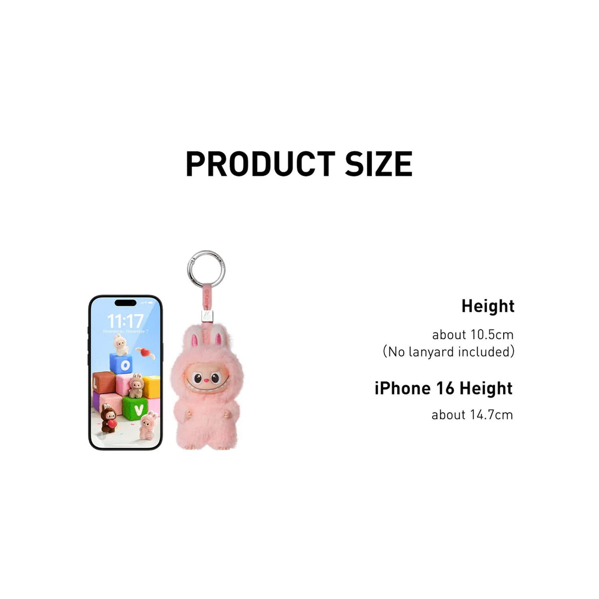 Die neuen The Monsters: Pin for Love von POP MART mit den neuen Labubus: Größenverhältnis zu einem Smartphone 14,5 cm.