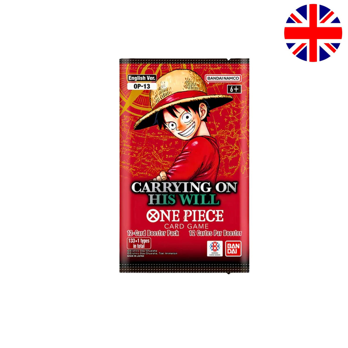 Das englische Boosterpack One Piece TCG OP13 mit den fünf Gorosei gezeichnet von Gege Akutami, mit Ruffy auf dem Cover.