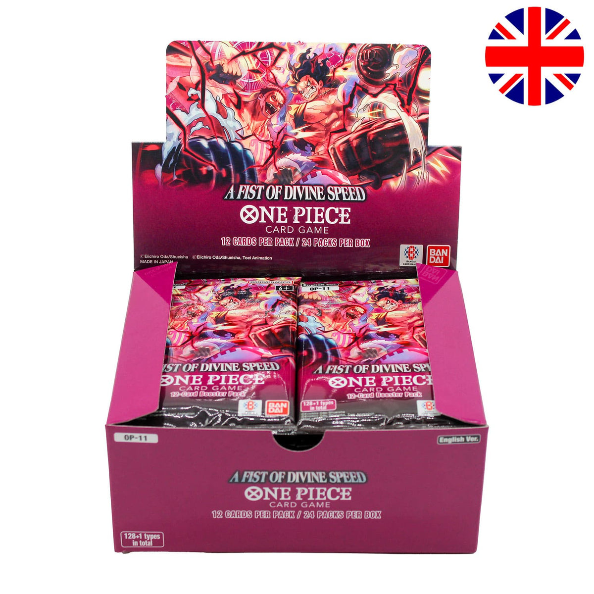 Das englische One Piece Card Game Display A Fist of Divine Speed OP11 als offener Verkaufsaufsteller.