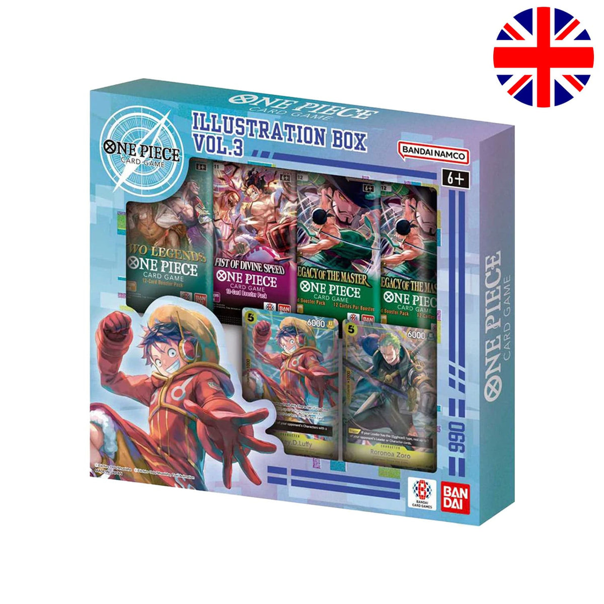 One Piece TCG Illustrations Box Vol.3 mit Monkey.D.Luffy auf der Box. Mit Boosterpacks von OP08, OP11 und OP12.
