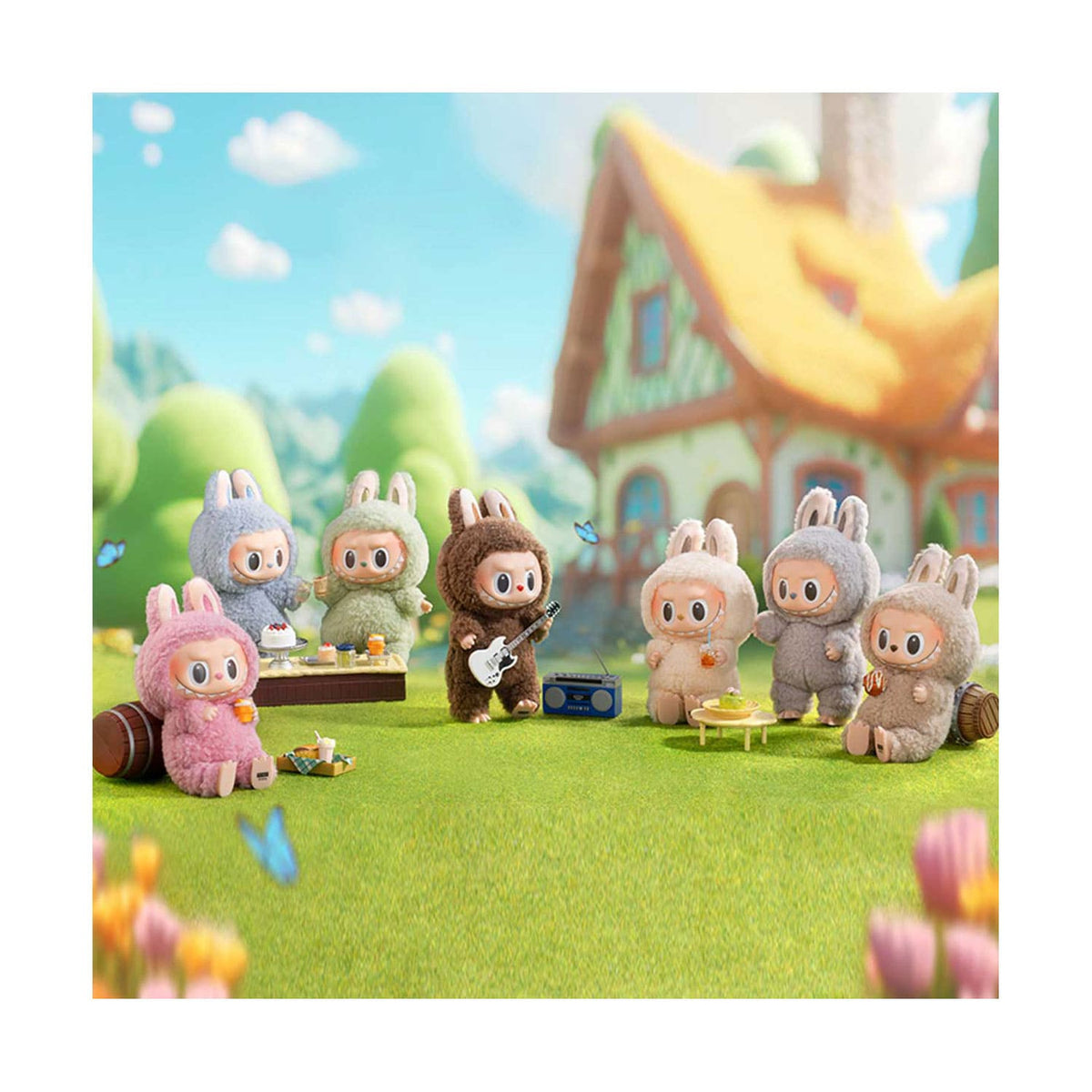 POP MART: Exciting Macaron the Monsters Vinyl Face Labubu Familie in den Farben Rosa, Grau, Mintgrün, Braun und Creme.