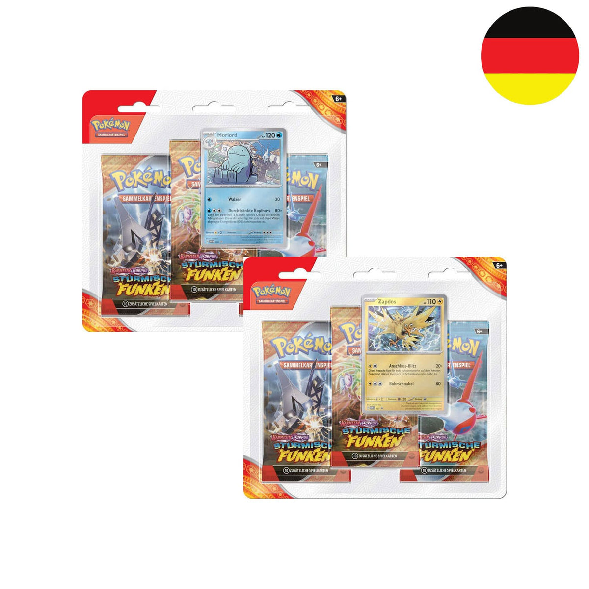 Die Pokémon 3-Pack Blister zu Stürmische Funken (KP08) mit Zapdos und Morlord und der Flagge Deutschlands.