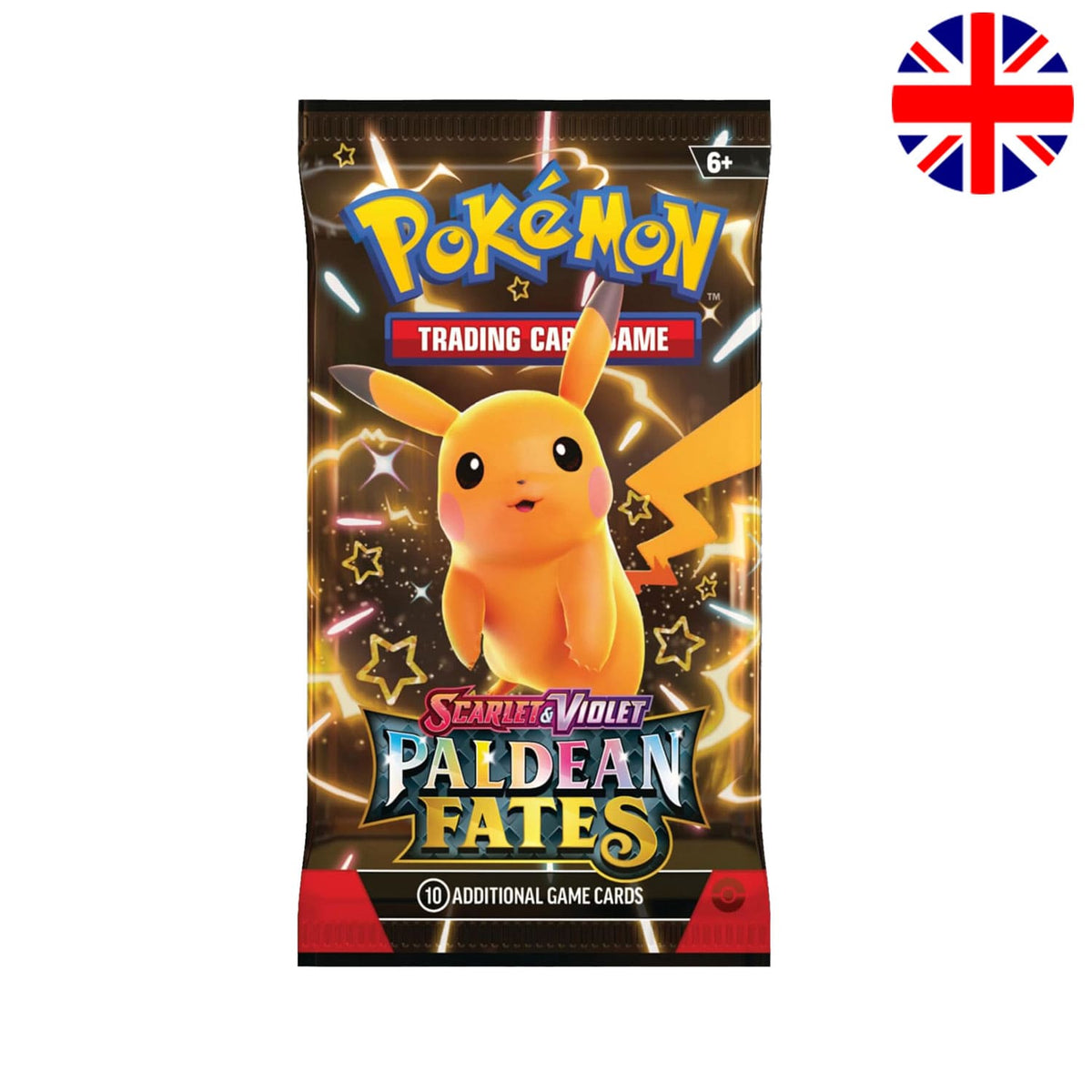 Englisches Pokémon Paldean Fates (SV4.5 / PAF) Boosterpack mit Pikachu und zahlreichen seltenen Karten.