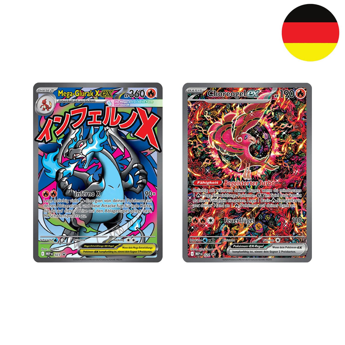 Die Pokémon Mega Glurak ex Ultra Premium Kollektion mit den Promokarten Mega-Glurak x EX MEP023 und Choreogel ex MEP024.