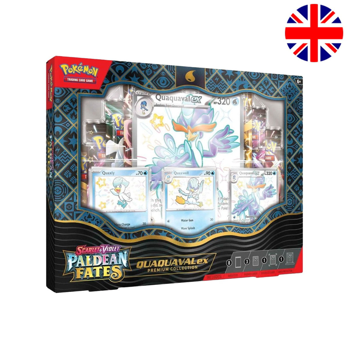 Pokémon Karmesin & Purpur – Paldean Fates ex Premium Collection (PAF) Quaquaval ex englisch mit 3 Promokarten.