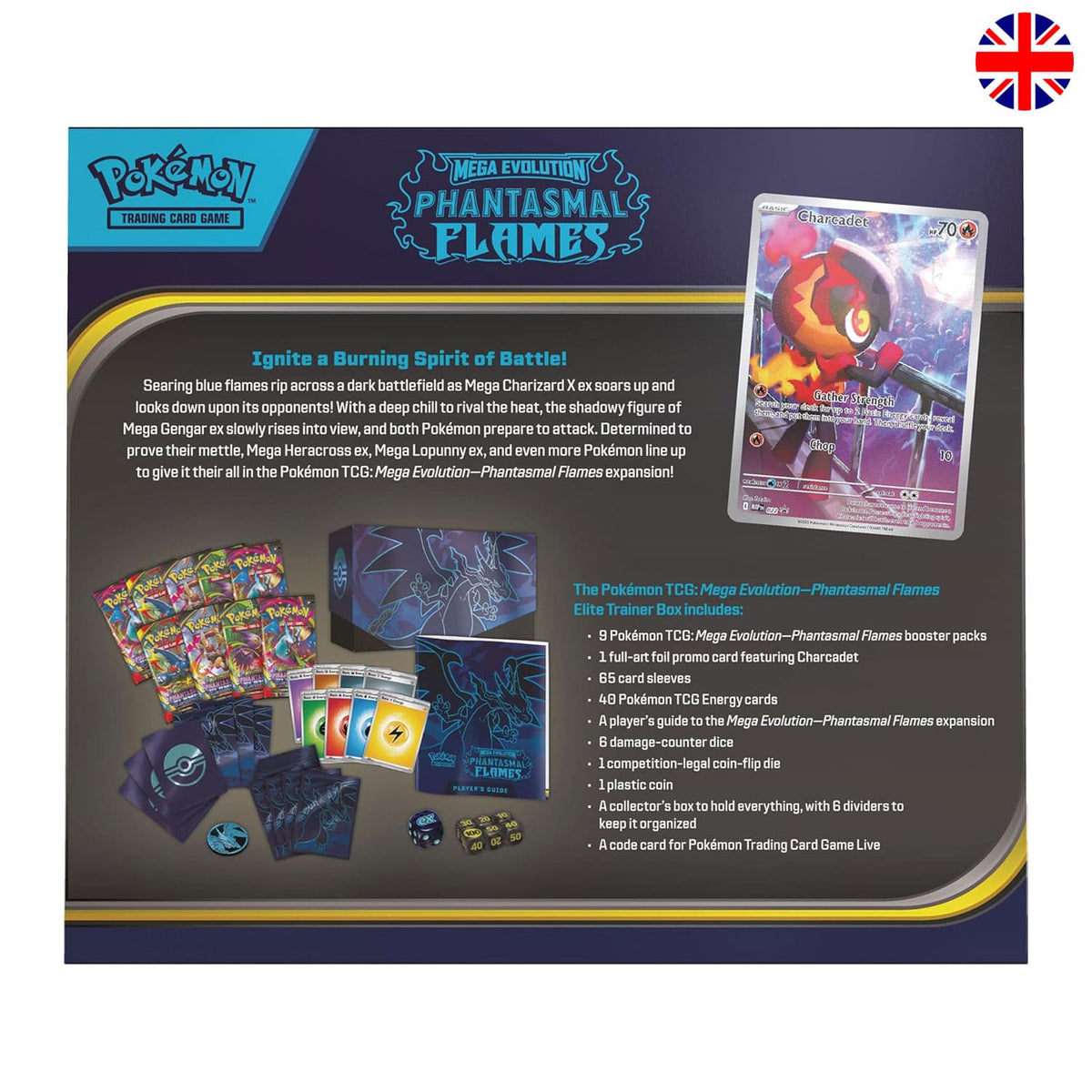 Die Elite Trainer Box Phantasmal Flame ME02 auf Englisch mit Beschreibung der Box mit allen Inhalten inklusive Fotos.