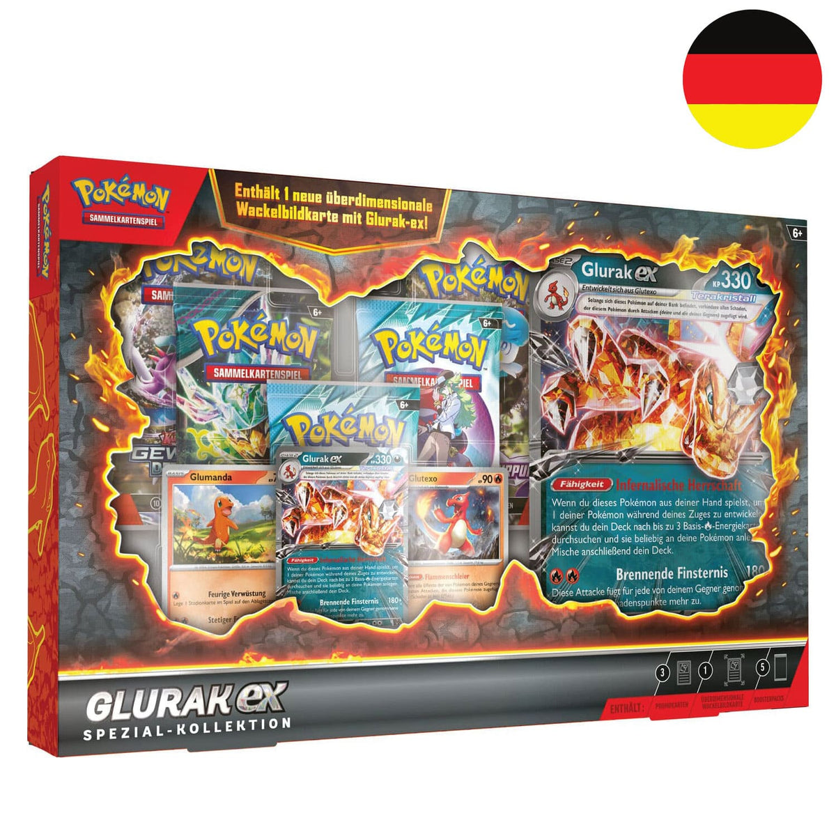 Die neue Pokemon Charizard-ex Spezial-Kollektion, mit drei Promokarten, Charmander und Charmeleon und 5 Boosterpacks.