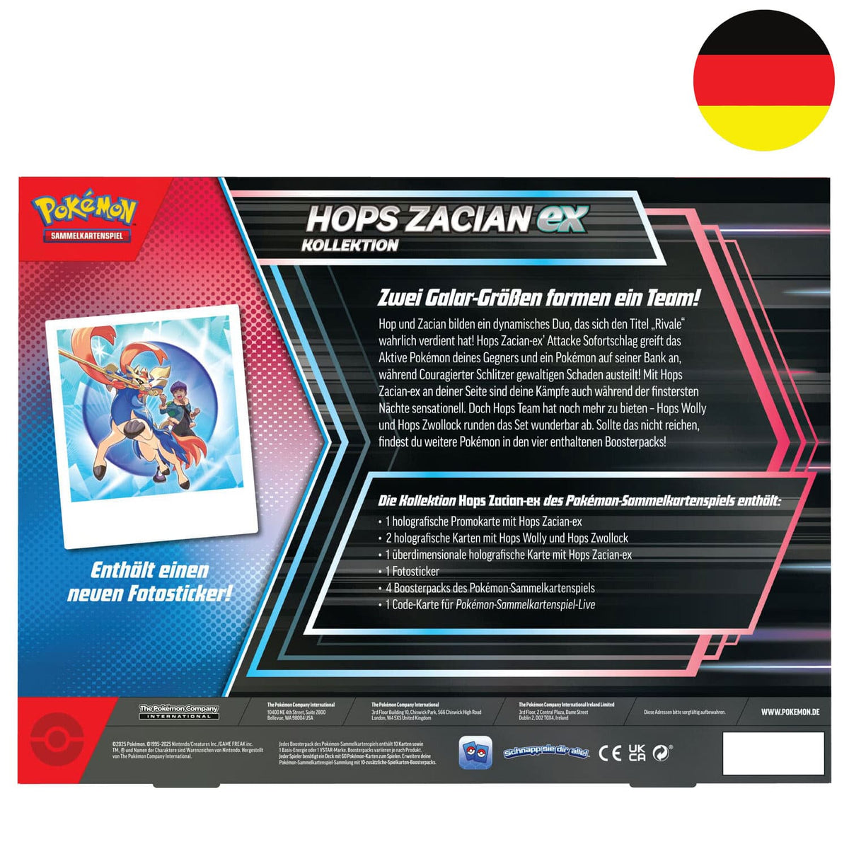 Pokemon Hops Zacian EX Set Übersicht in Deutsch. Mit Sammelkarten, Boosterpacks, Fotosticker und Promokarten.