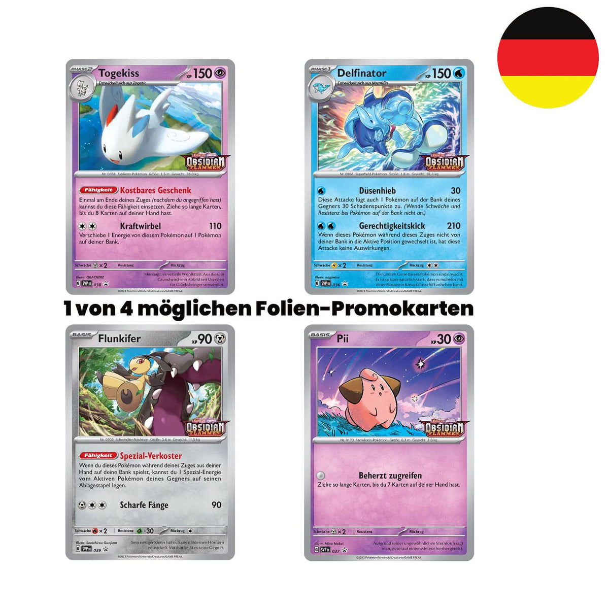 Ein von vier Pokemon Promokarten, Togekiss, Delfinator, Flunkifer und Pii mit Stamp KP03 aus Karmesin und Purpur.