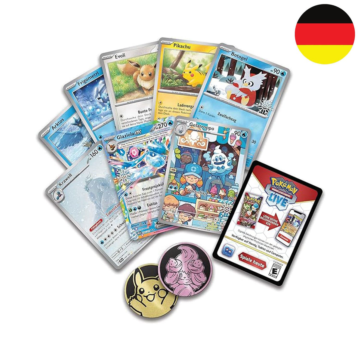 Pokémon TCG Weihnachtskalender 2025 Deutsch, mit 8 holografischen Promokarten mit Stamp und zwei Münzen: Pikachu.