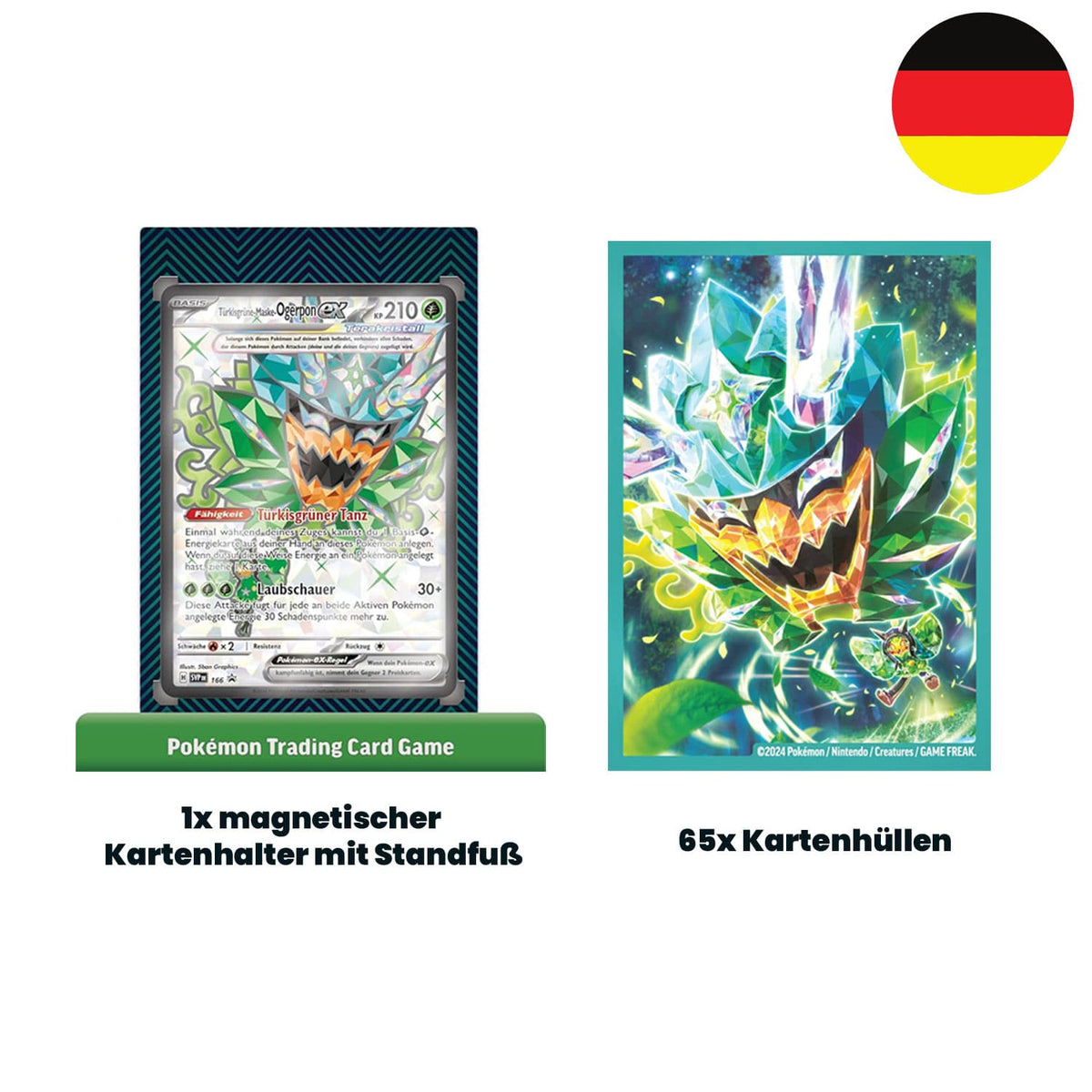 Pokemon Ogerpon Kartenhalter mit 65 Sleeves/Kartenhüllen für deine Sammlung, mit Terakristallisierung drauf.