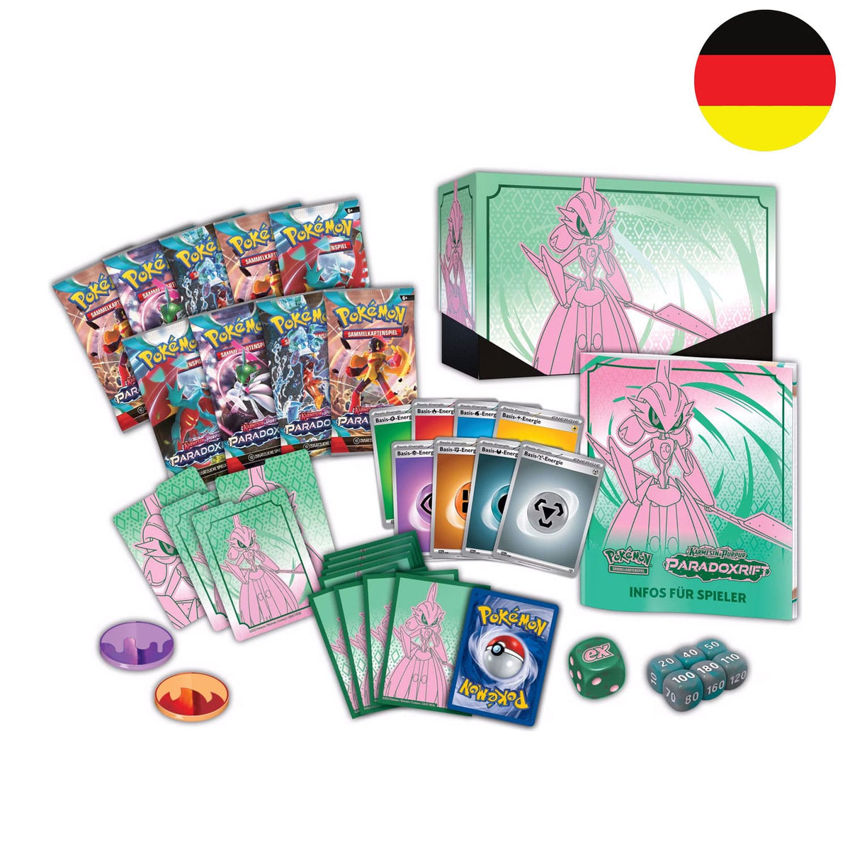 Inhalt der Top Trainer Box Eisenkrieger. Kartenhüllen, Würfel, Energiekarten, Schadensmünzen und 9 Paradoxrift Booster.