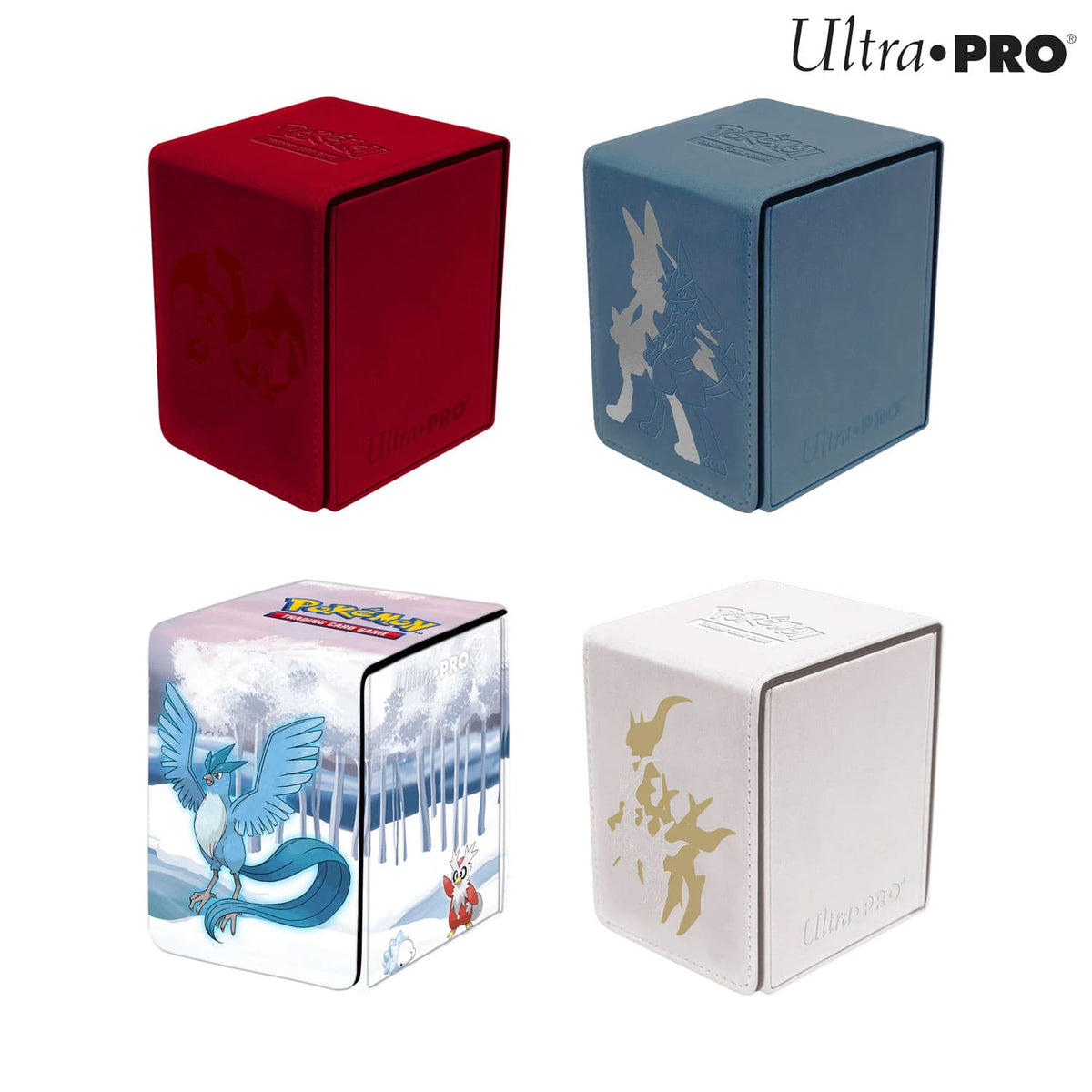 Die Pokémon Ultra Pro Alcove Flip Deckboxen mit Magnetverschluss, mit Platz bis zu 100 TCG Karten, aus Kunstleder.