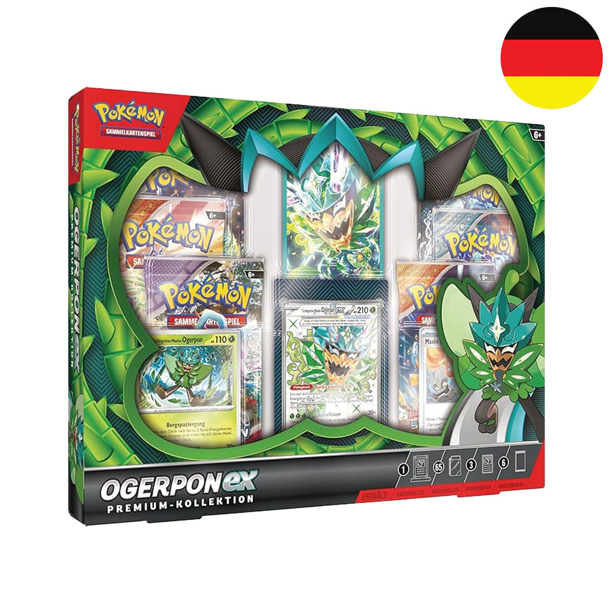 Die Pokemon Premium Kollektion mit dem Masken-Pokemon Ogerpon aus Karmesin und Purpur, mit Sleeves und 6 Boosterpacks.
