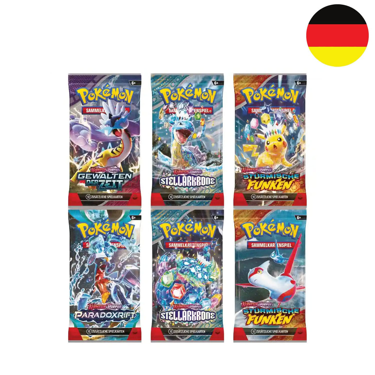 Pokemon Karmesin und Purpur Boosterpacks. Mit Pikachu, Latias, Galapagos, Lapras, Knackrack in Terakristallisierung.