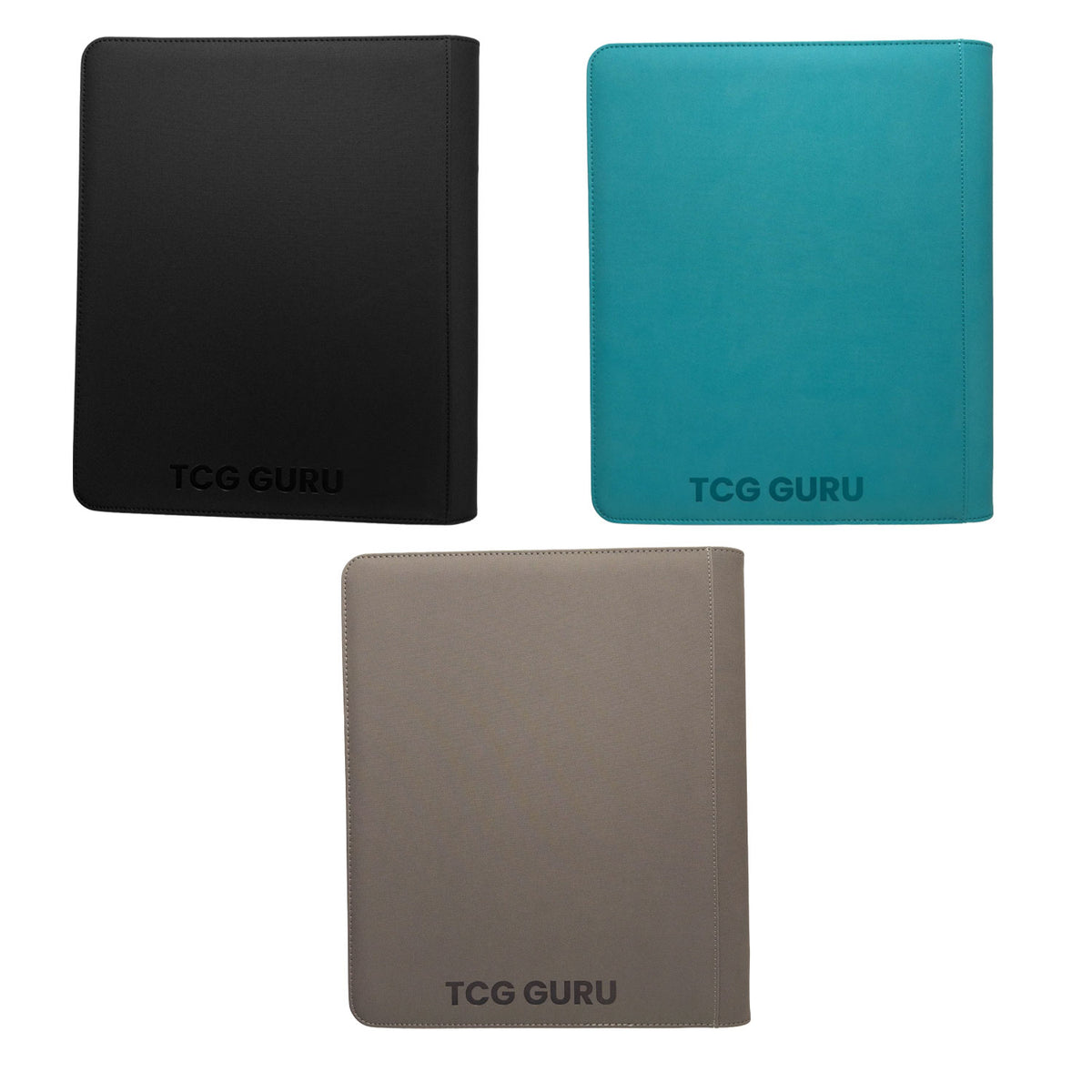 TCG Guru 9 Pocket Toploader Zipper Binder Xenon in Schwarz, Grau und Türkis für Sammelkarten und Toploader.