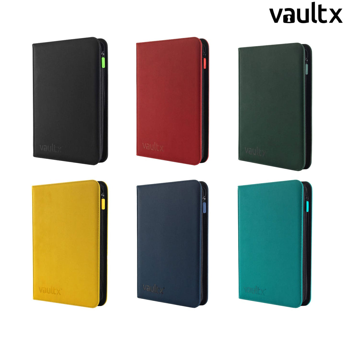 VaultX: Exo-Tec® 9 Pocket Zip Binder in schwarz, rot, grün, gelb, blau und türkisblau mit Reissverschluss und Logo.