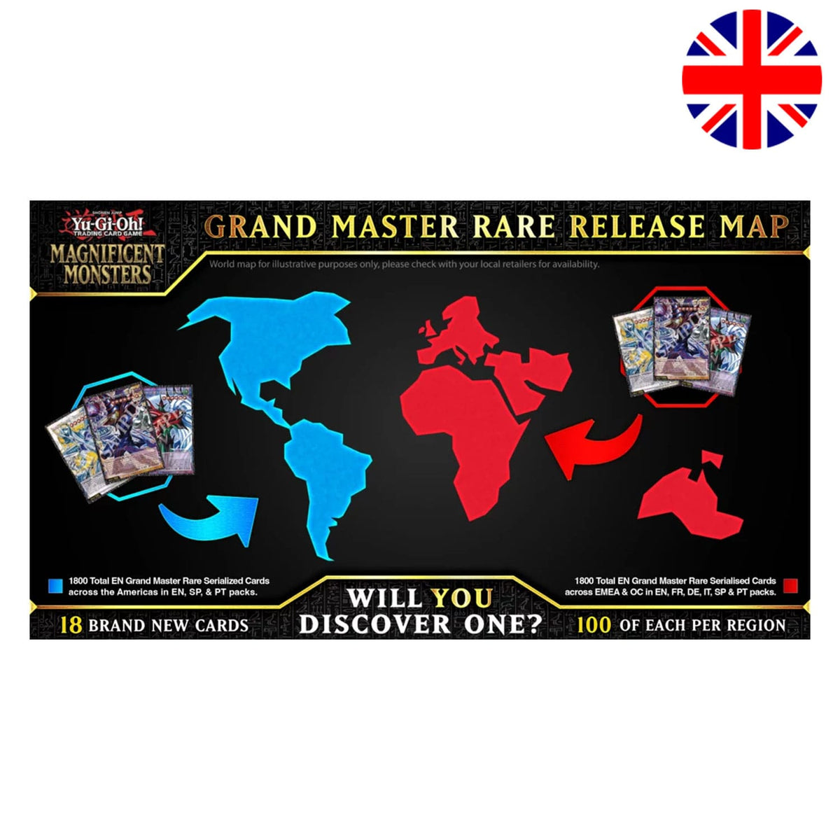 Yu-Gi-Oh! Magnificent Monsters 18 Grand Master Rare Release Map EU und USA, 100 pro Region.