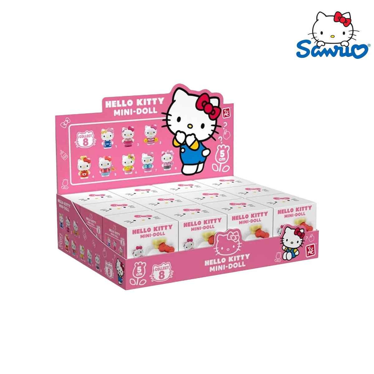 YuMe Toys Hello Kitty Mini Doll Blind Box Display mit 12 Blind Boxen und 8 Hello Kitty Outfits für Sanrio Sammler.