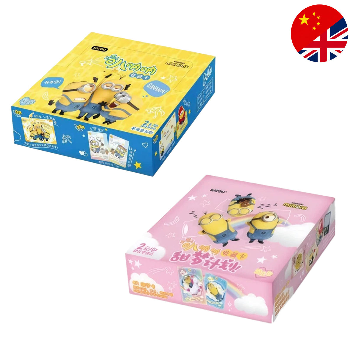 Das Kayou Minions Display - Bana Bana Collectible Cards in Gelb und in Pink mit Minions auf dem Cover.