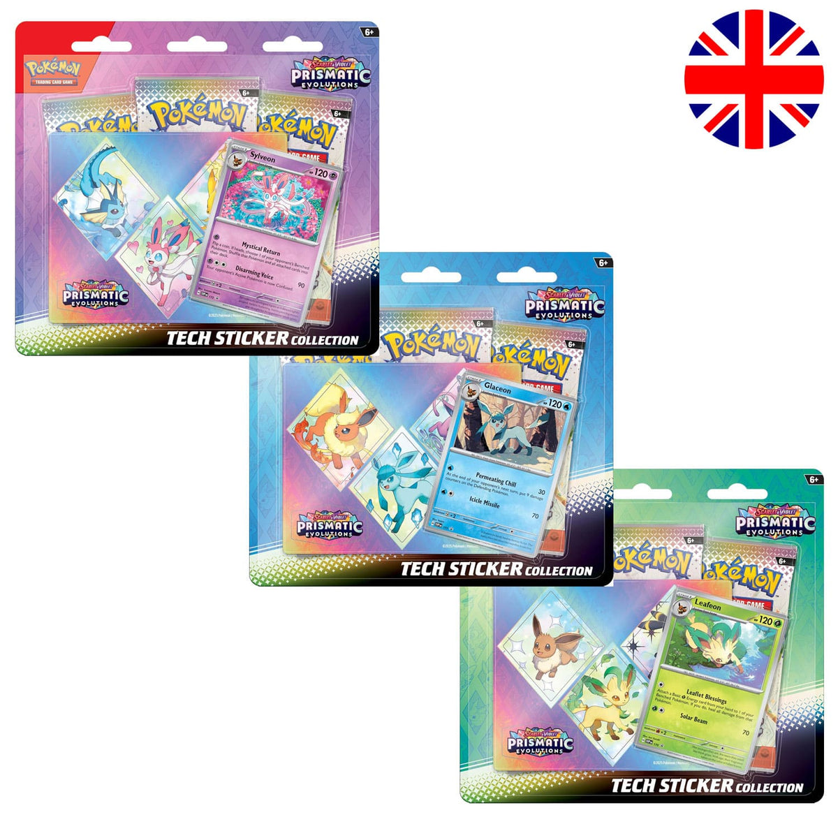 Alle drei Pokémon Tech Sticker Collection Prismatic Evolutions – Leafeon, Glaceon und Sylveon.
