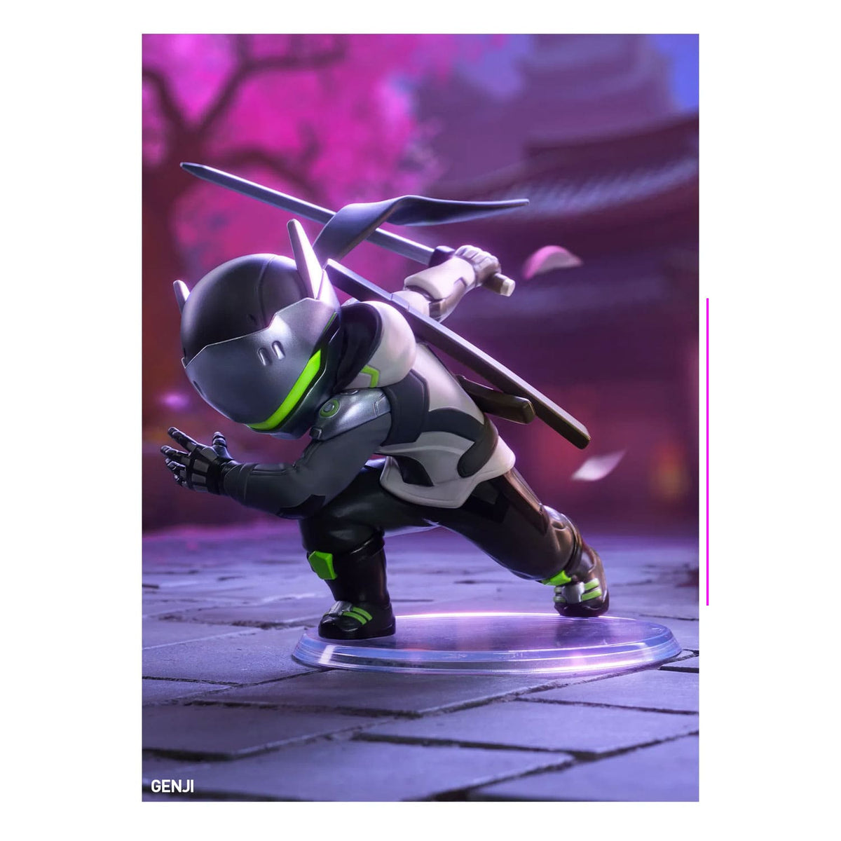 Die Blind Box POP MART Overwatch-Play-of-the-Game-Series Figurenbox mit der Figur Genji mit Pose und Karte.