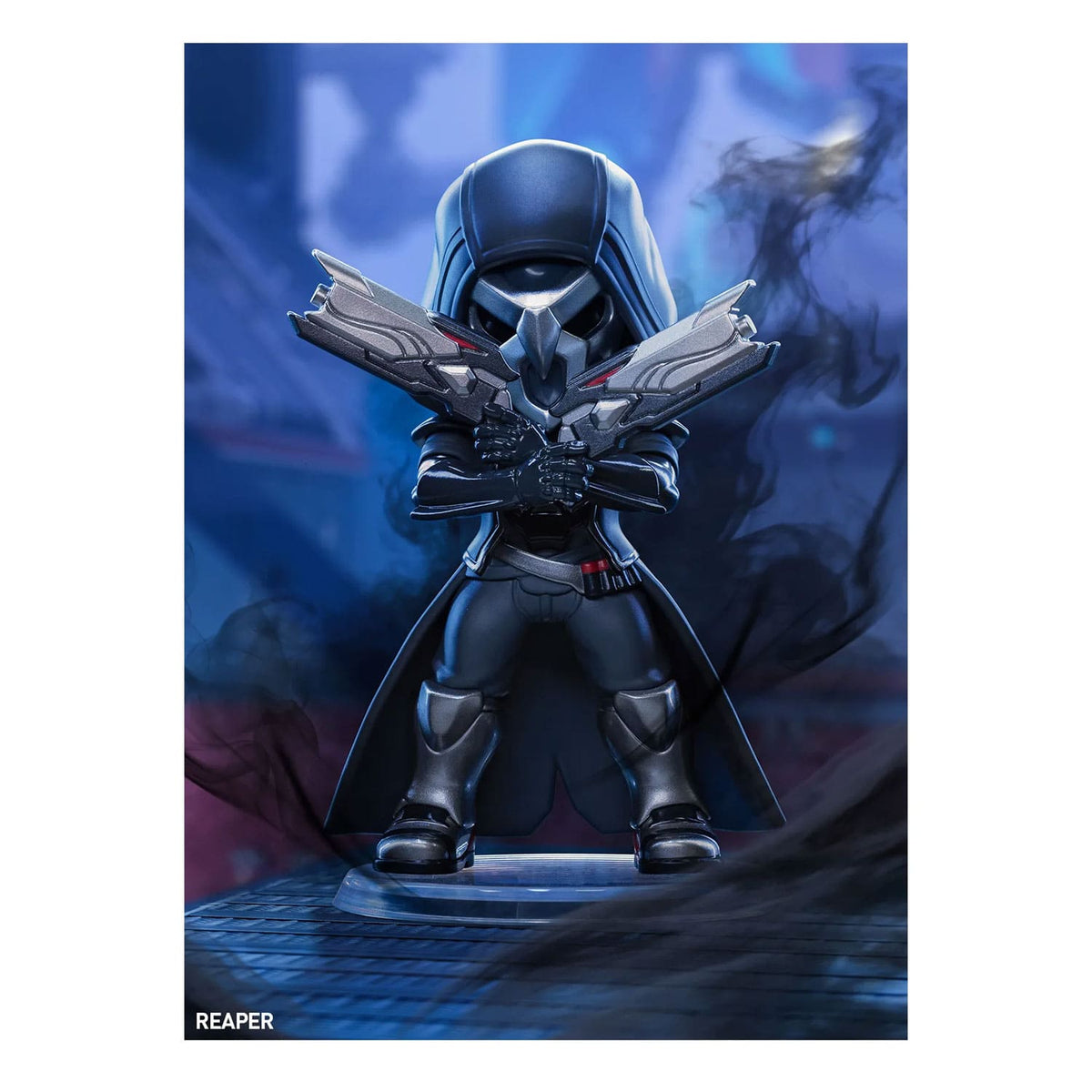 Die Blind Box POP MART Overwatch-Play-of-the-Game-Series Figurenbox mit der Figur Reaper mit Pose und Karte.