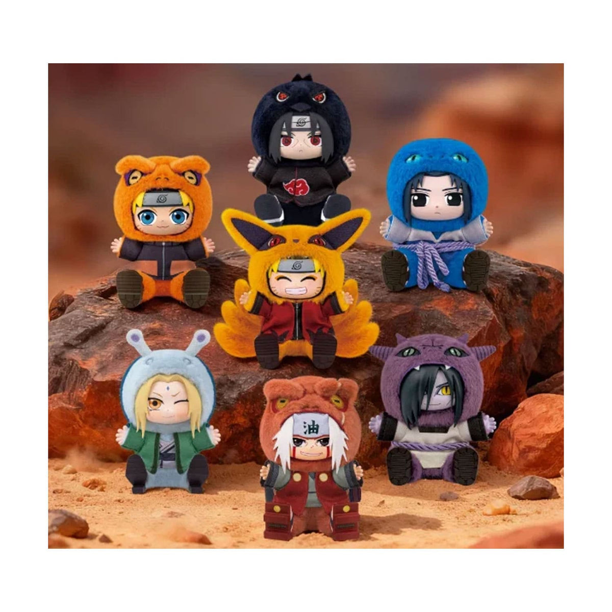 Die Naruto Cute Beast Party Series 2 Plushes: Jiraiya, Orochimaru, Tsunade, Naruto Uzumaki, Sasuke Uchiha und Itachi.