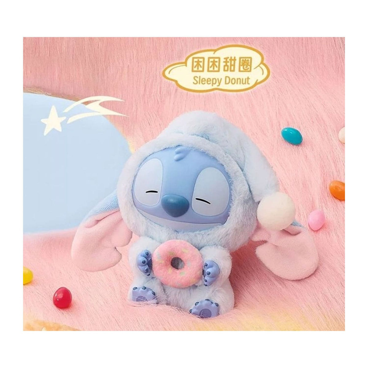 Disney x Miniso Collaboration Stitch Eat Something Before Sleep Series Vinyl Plush Sleepy Donut Stitch in Blau.