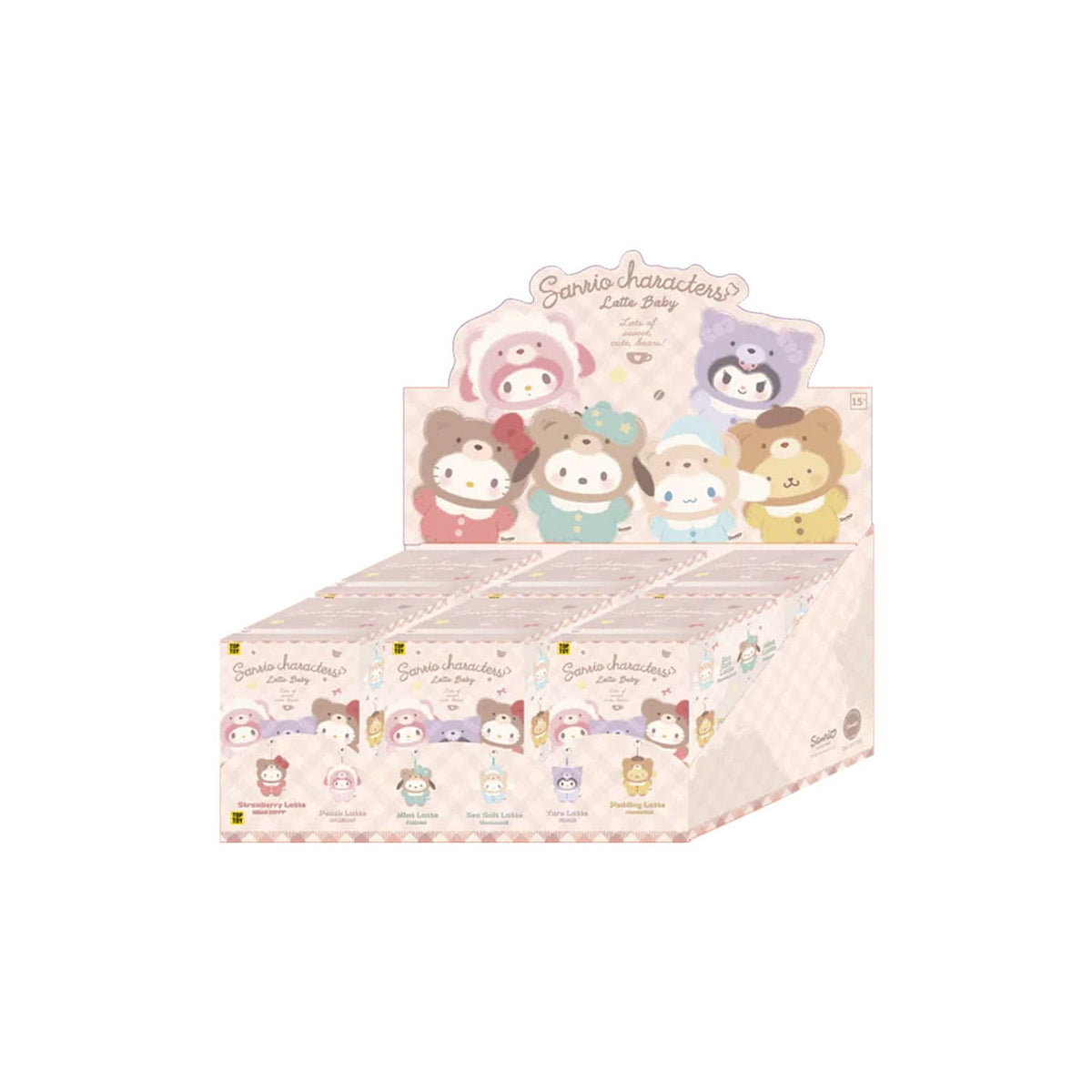 TOP TOY x Hello Kitty Sanrio Charaktere Display Blindbox aus der Latte Serie mit 6 Blindboxen und 6 Plüschfiguren.