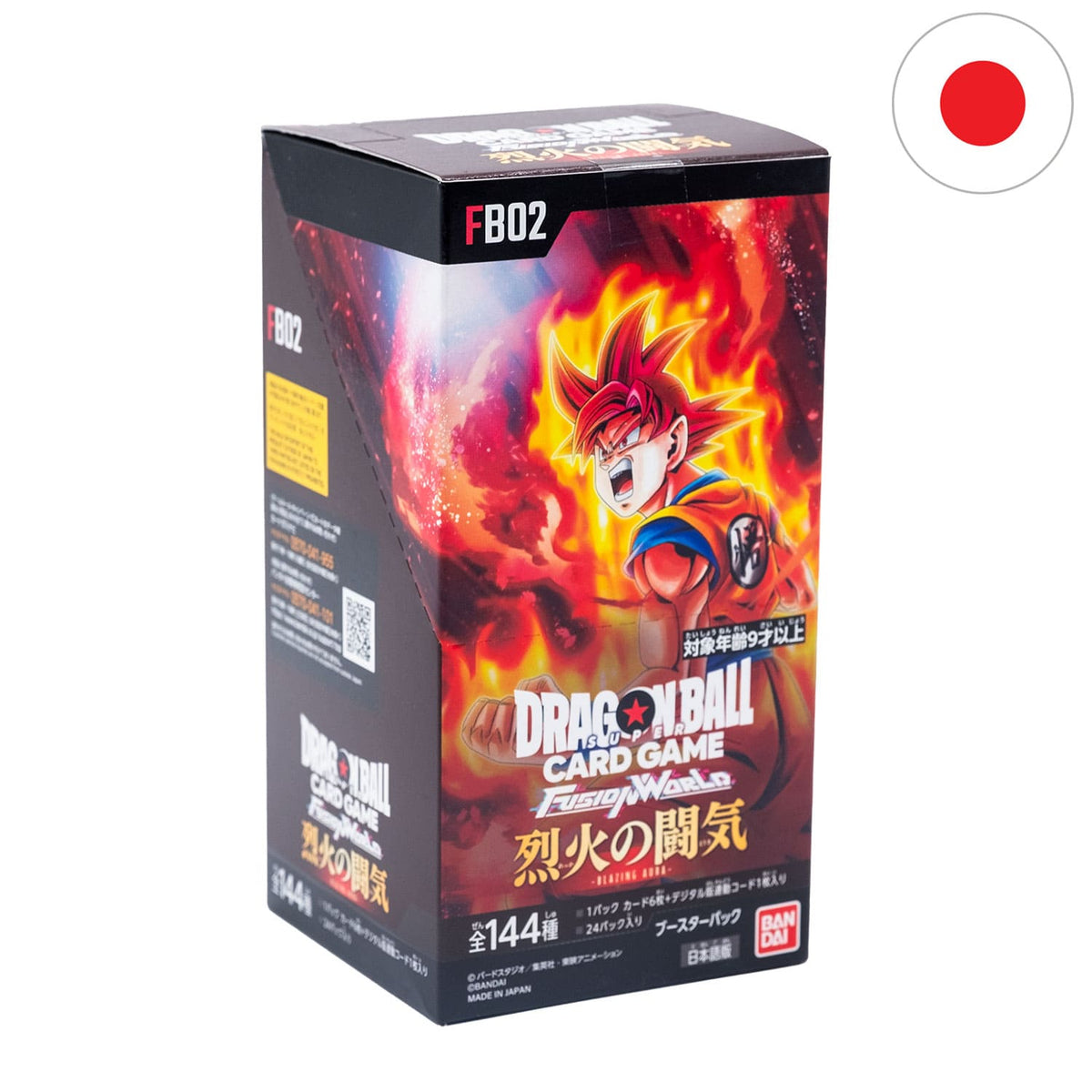 Das Dragon Ball Super Display Blazin Aura  (FB02), frontal & schräg als Hauptbild, mit der Flagge Japans in der Ecke.