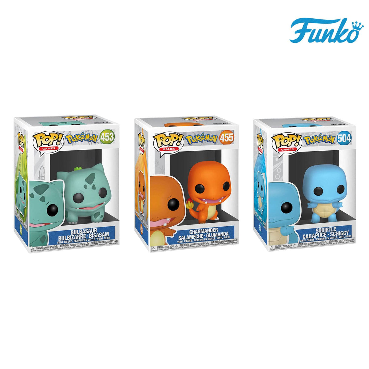 Die drei Pokémon Kanto Starter Squirtle 504, Charmander (455) und Bulbasaur (453) aus dem Hause Funko POP! Games.