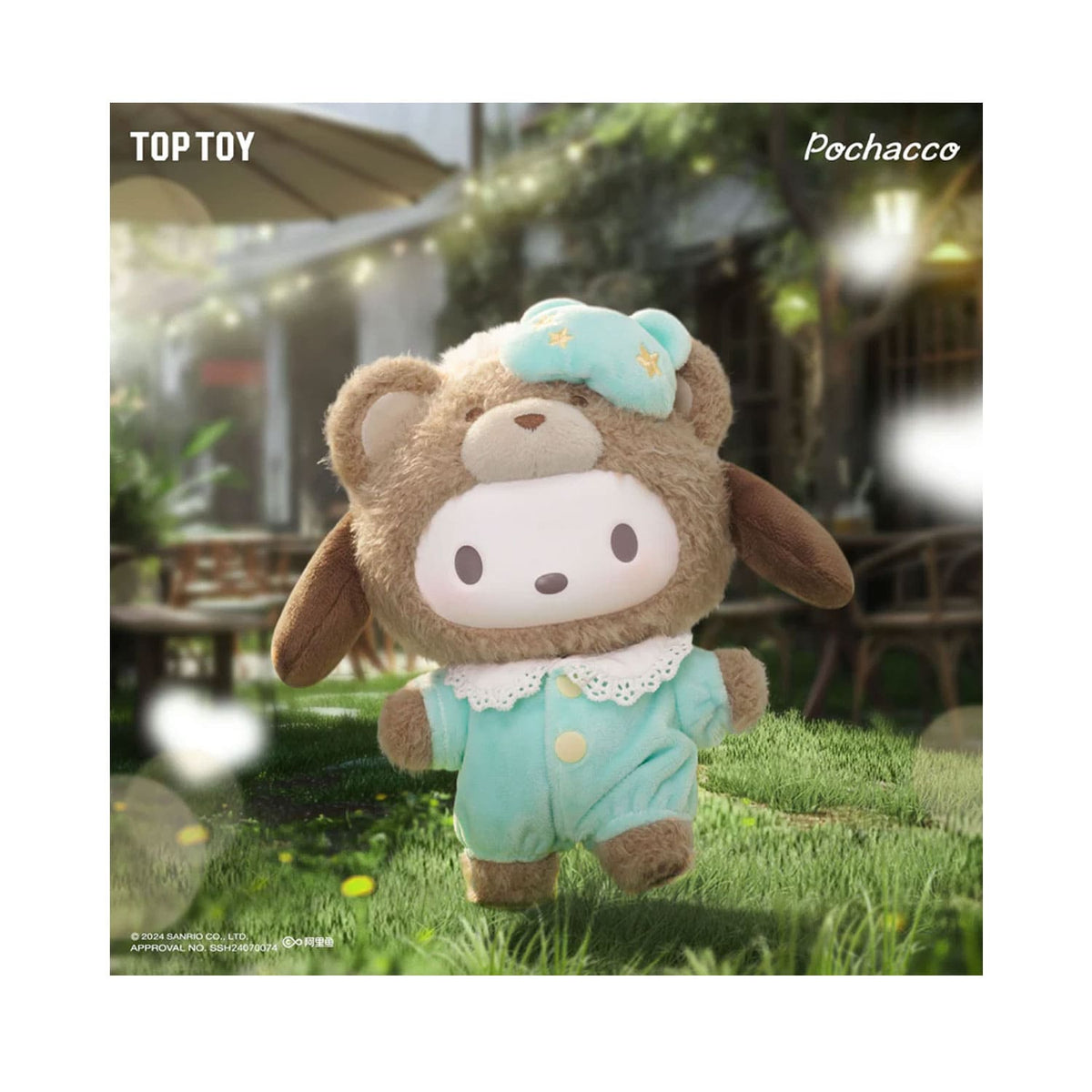 Hello Kitty x TOP TOY Pochacco Sanrio Latte Baby Series Vinyl Plüschfigur 15,5cm groß mit Ring Clasp als Accessoire. 