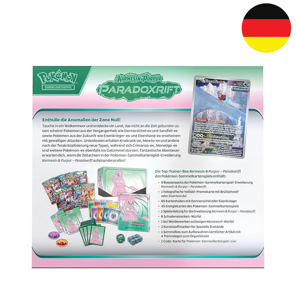 Die Top-Trainer Box Paradoxrift SV04 auf deutsch zum Pokémon Sammelkartenspiel aus der Karmesin und Purpur-Reihe. 