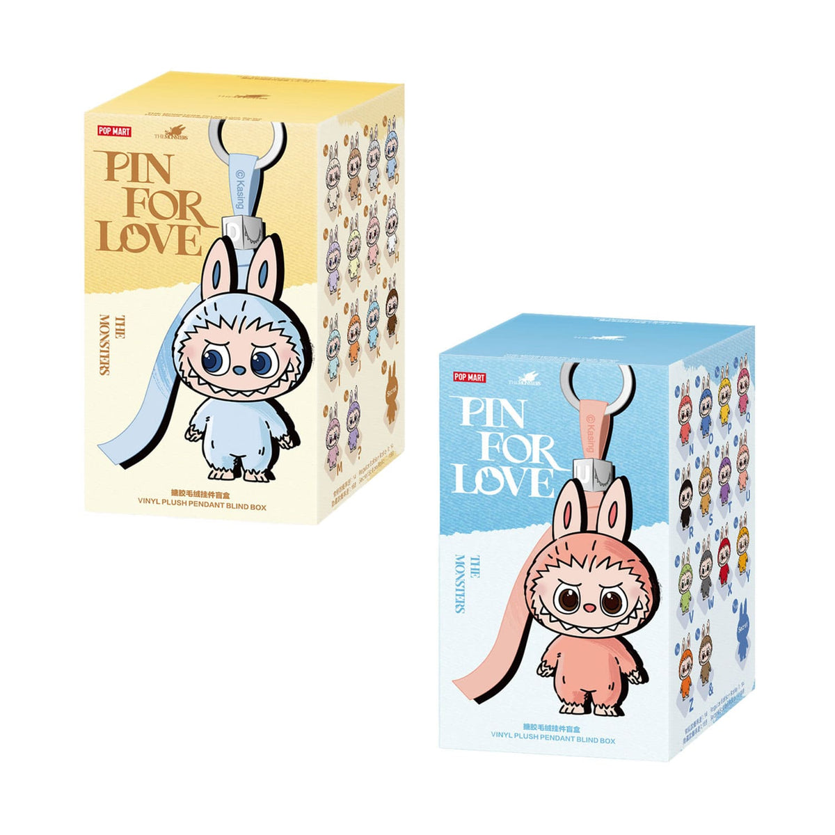 Die neue Labubu Riehe: Pin for Love von POP MART in zwei Sets von A-M und N-Z, als Schlüsselanhänger oder Handyanhänger.