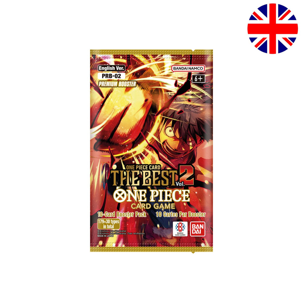 Das englische One Piece Boosterpack The Best Vol.2 (PRB-02) mit Monkey.D.Ruffy auf dem Cover. 10 Karten pro Pack.