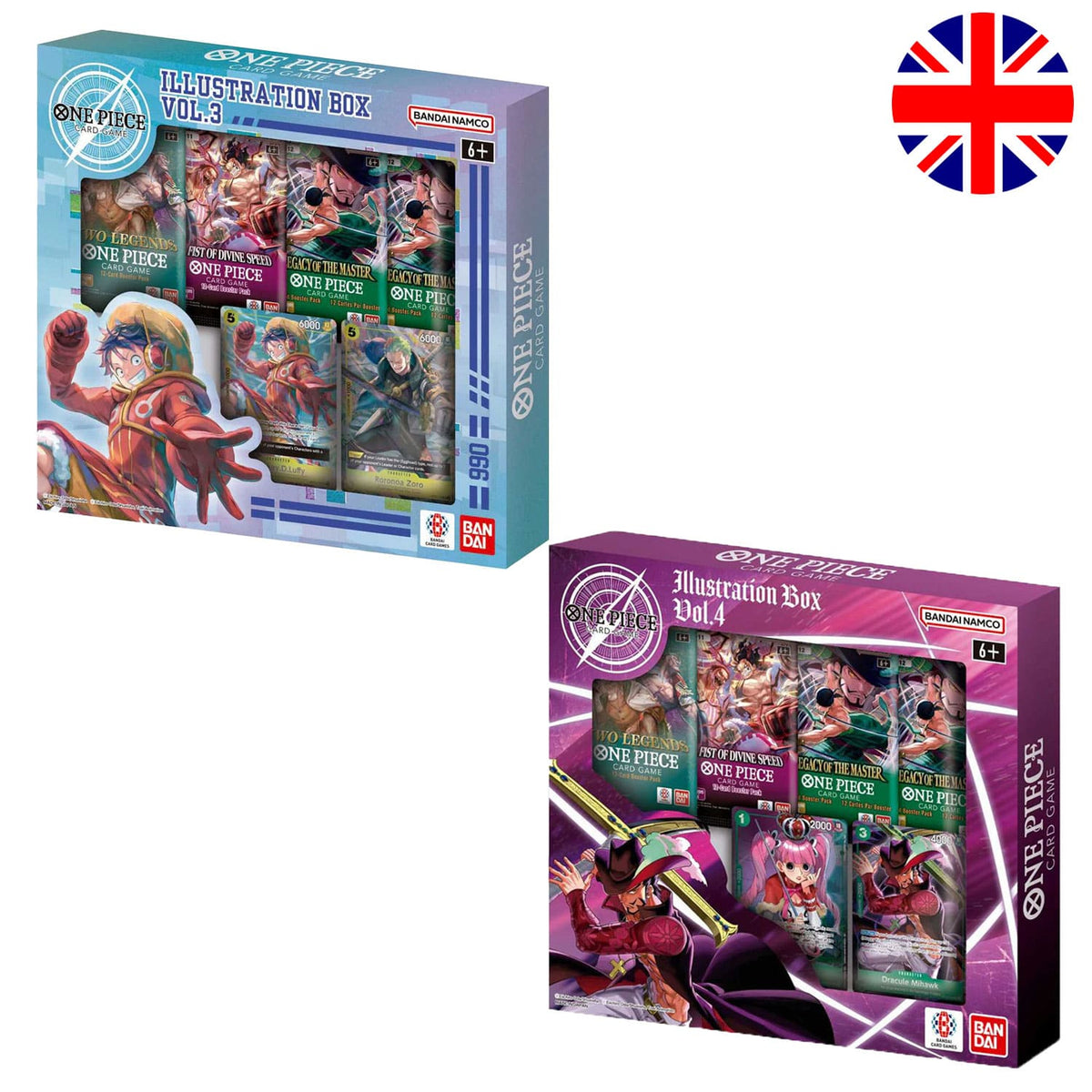 Neuste One Piece Illustration Box Vol.3 und 4 in Englisch von Bandai Card Games. Mit 4 Boosterpacks und 2 Promokarten.