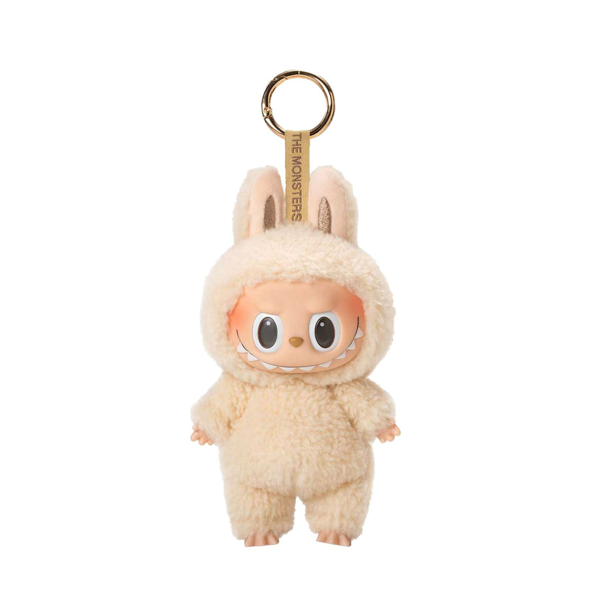 POP MART: Exciting Macaron the Monsters Vinyl Face ausgepackter Labubu Sojamilch in Creme Farbe, mit spitzen Zähnen.