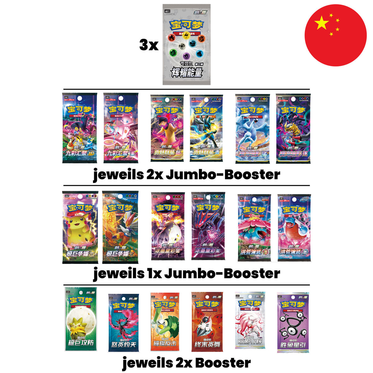 Die Boosterpacks von der Pokémon Box 2 Year Anniversary Partners, aus Sinnoh & Hisui, mit der Flagge Chinas in der Ecke.