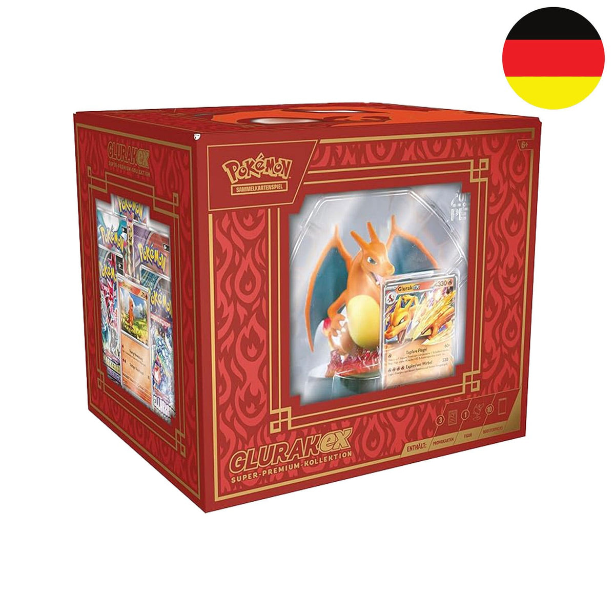 Die Pokémon Box Charizard ex Super Premium Kollektion mit 10 Boosterpacks aus Scarlet & Violet, einer Glurak Figur.