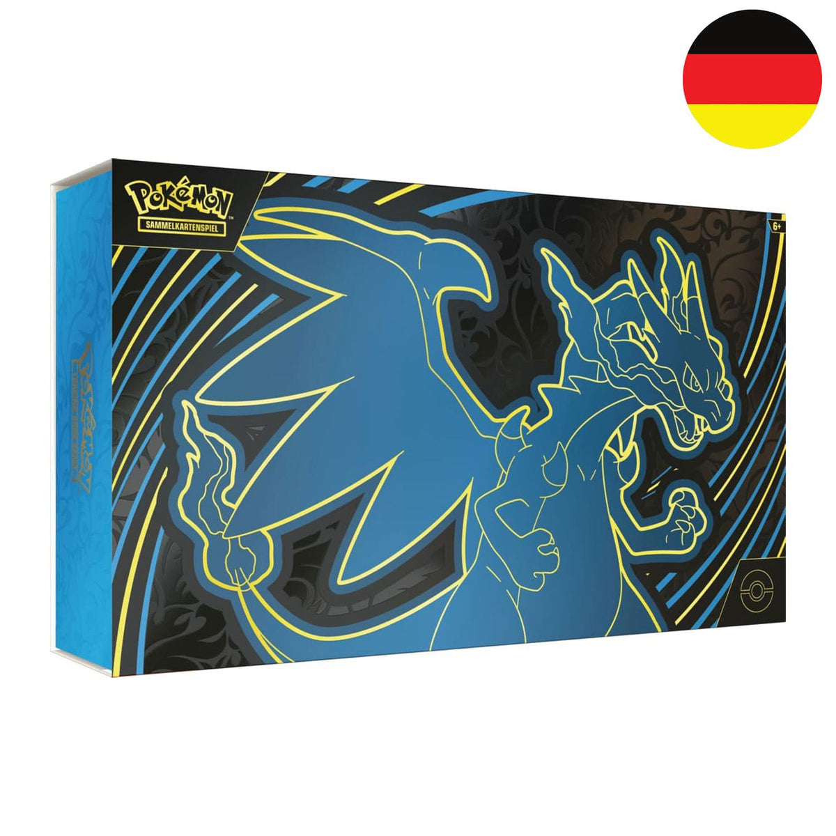 Die Pokémon Mega Glurak ex Ultra Premium Kollektion mit Mega Glurak X darauf. Mit Boosterpacks und TCG Zubehör.
