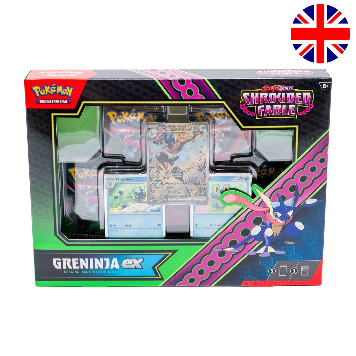 Die Pokemon Box "Shrouded Fable - Illustration Rare Collection- Greninja EX" (SV6.5), frontal, mit der Flagge Englands.