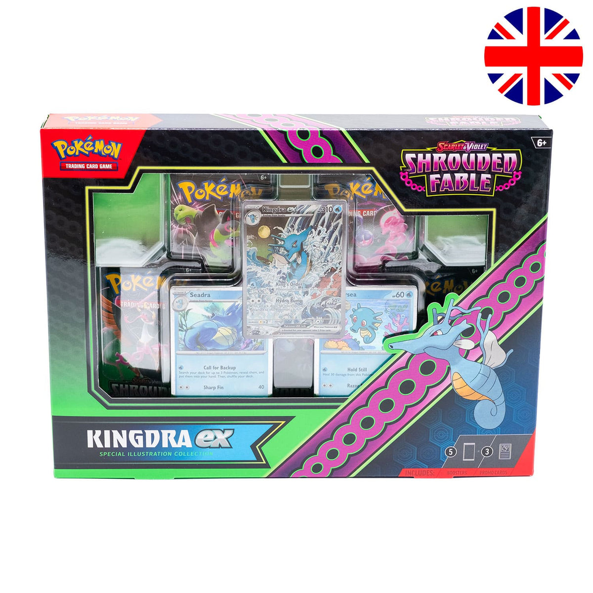 Die Promokarte der Box "Shrouded Fable - Illustration Rare Collection- Kingdra EX" (SV6.5), mit der Flagge Englands.Die Pokemon Box "Shrouded Fable - Illustration Rare Collection- Kingdra EX" (SV6.5), frontal, mit der Flagge Englands.