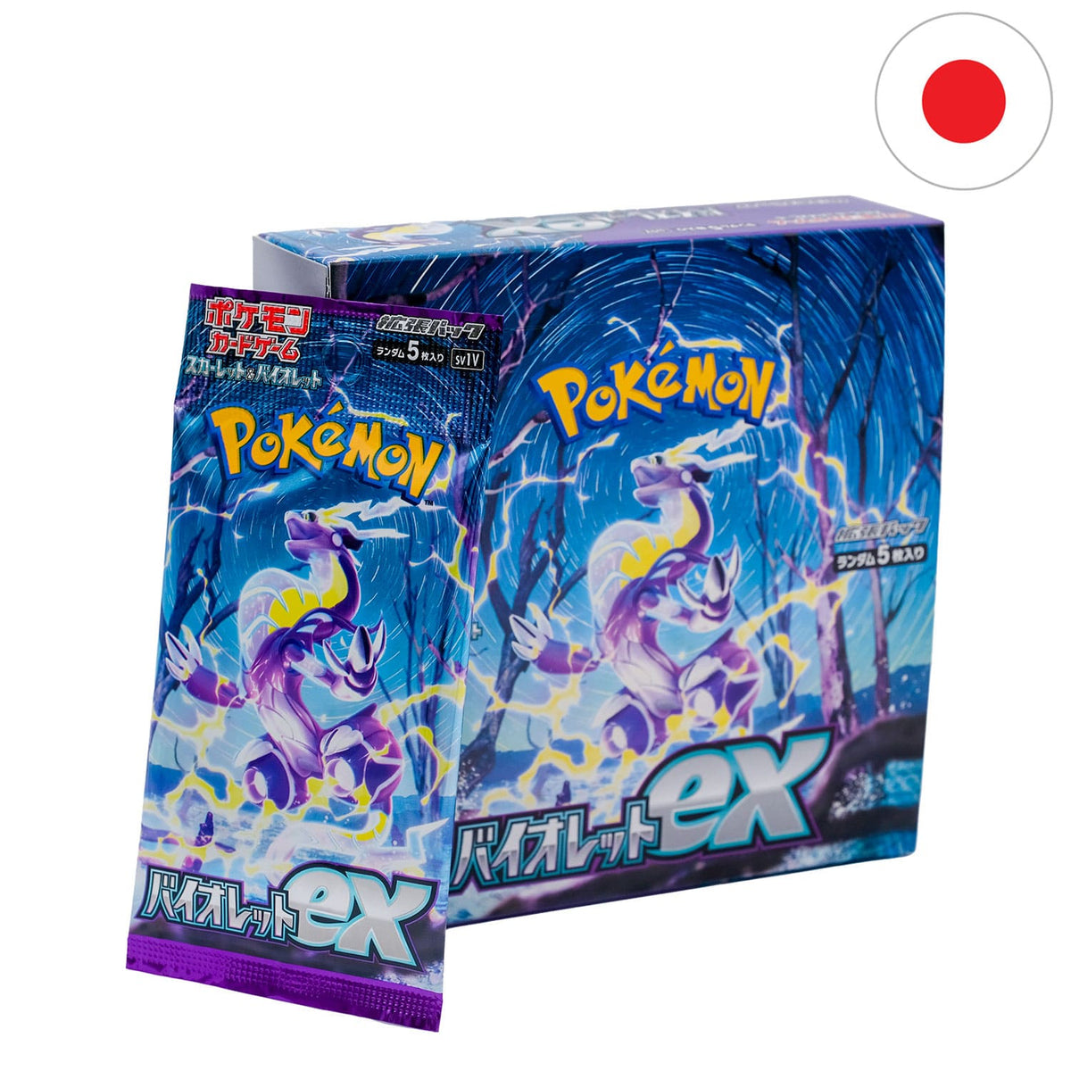 Das violette Pokémon Display "Violet EX" (SV1V) mit Miraidon auf dem Cover und dem Booster anliegend auf japanisch.
