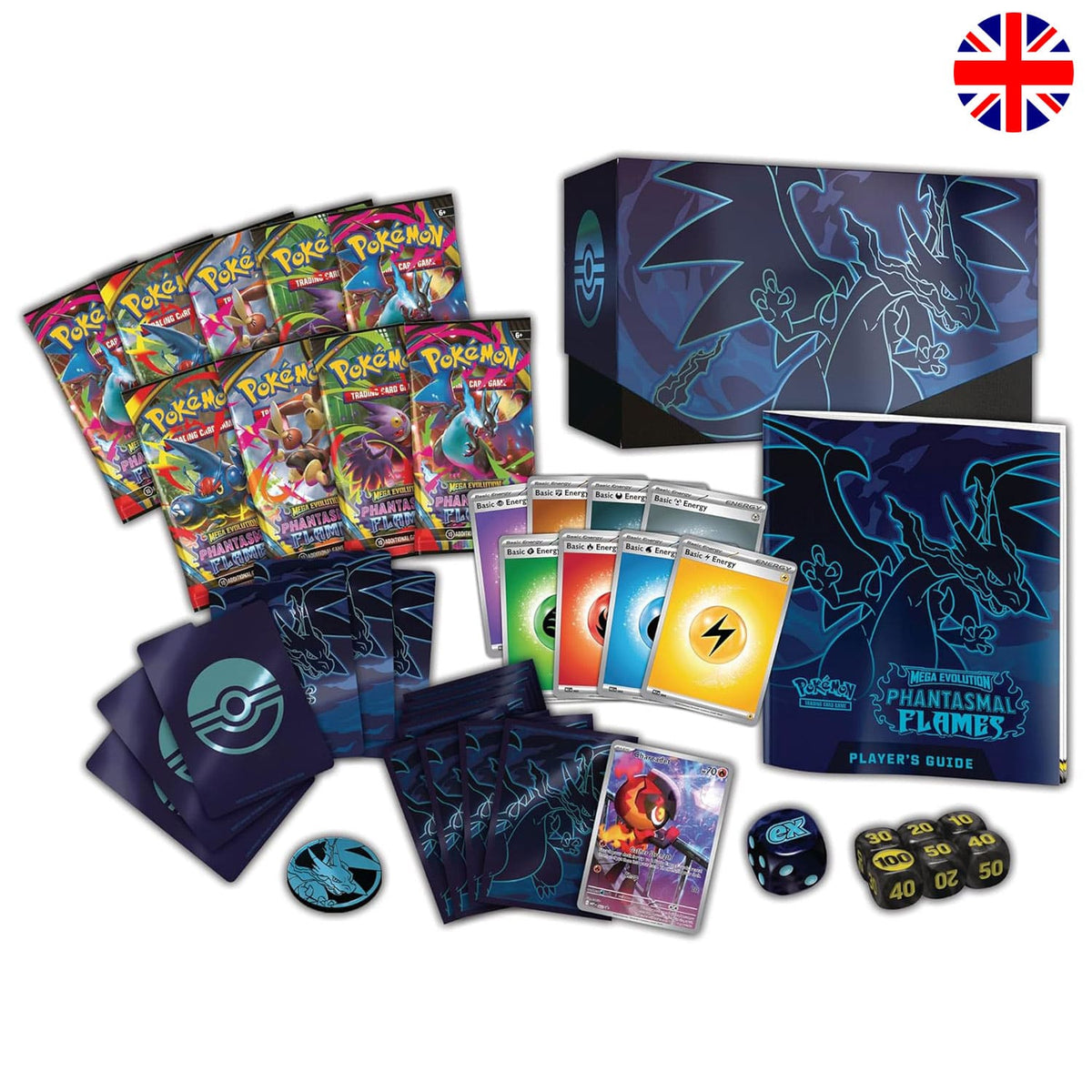 Englische Elite Trainer Box Phantasmal Flame mit 10 Boosterpacks, Spielzubehör, 1 Promokarte und 10 Karten pro Booster.