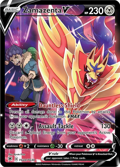 Die englische Pokémon-Astral-Radiance-TG22-TG30-ZamazentaV Karte.