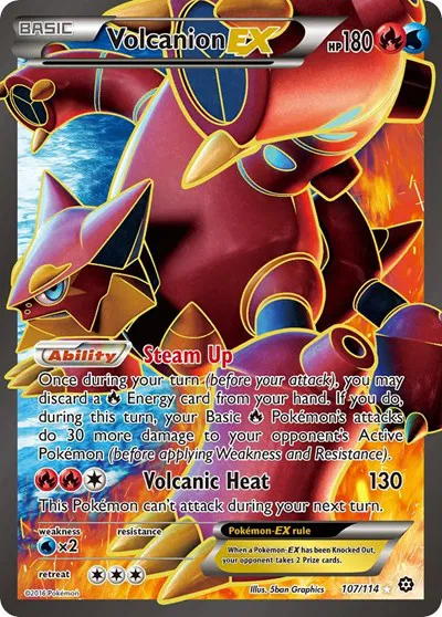 Die englische Pokémon-Steam-Siege-Volcanion-EX-107-114 Karte.
